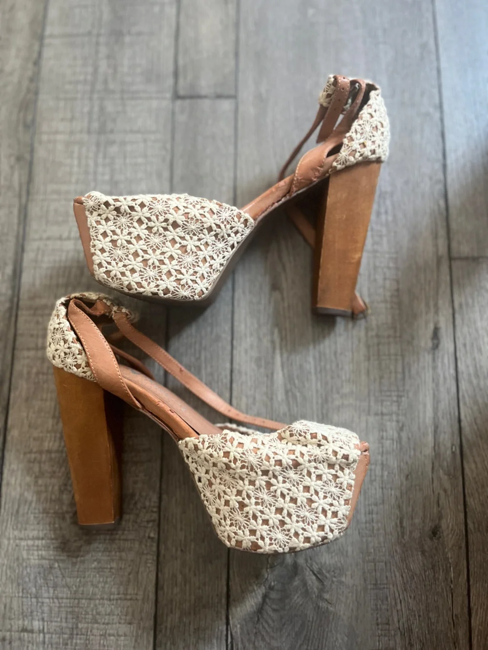 Jeffrey Campbell Tan and Cream Crochet Platform Sandals - Perfect